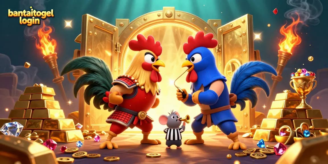 Bet on success with bantaitogel login, showcasing dynamic roosters amidst treasure in a strategic casino showdown.
