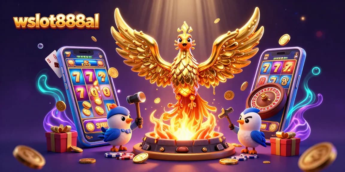 Menangkan jackpot dengan wslot888al, ilustrasi phoenix emas dan game slot menarik.