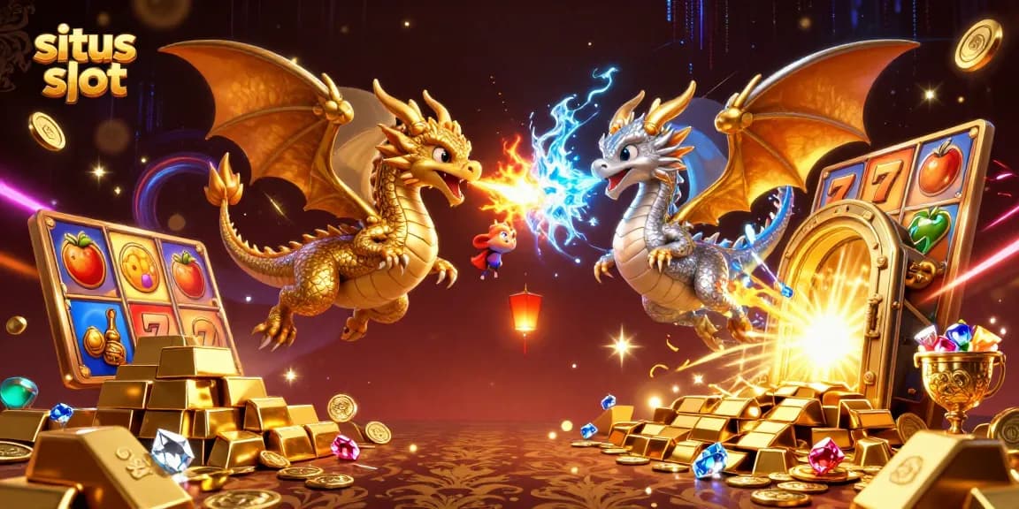 Engage with situs slot excitement featuring golden and silver dragons amidst jackpot reels and treasures.