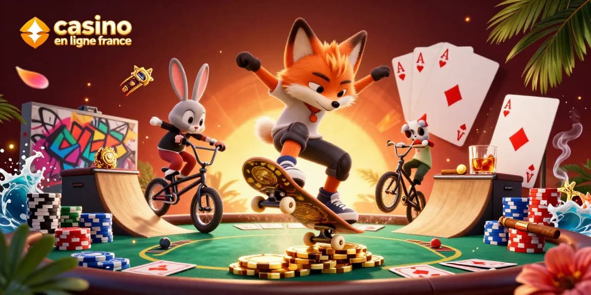 Vivez une action palpitante dans un casino en ligne France avec un renard skateur et un lapin BMX au milieu d'éléments vibrants.