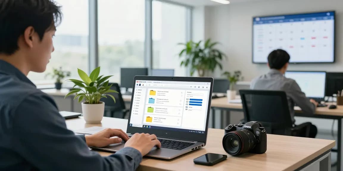 Modern office scene showing the rtps 4 platform for public services in use, highlighting digital applications and a collaborative environment.