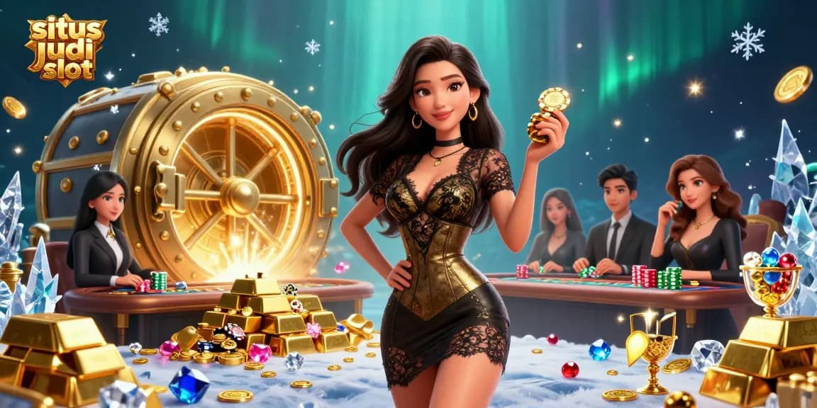 Play thrilling slot games at situs judi slot with a glamorous Asian woman amidst gold and treasures.