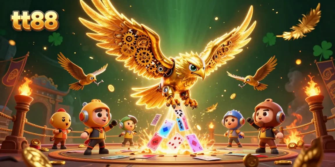 Experience thrilling excitement at tt88 with golden eagles soaring through a cascade of winning cards.