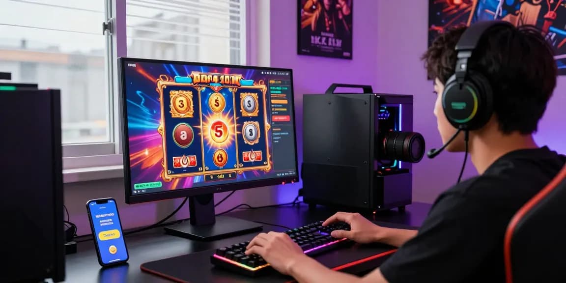Exciting gameplay on slot depo 5k with a player engaged at a modern gaming setup, showcasing vibrant graphics and mobile wallet options.