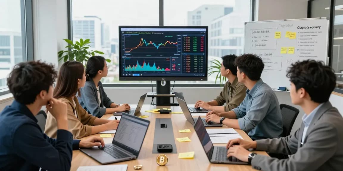 Team collaborating to recover lost crypto assets in a modern office, showcasing strategies and analytics.