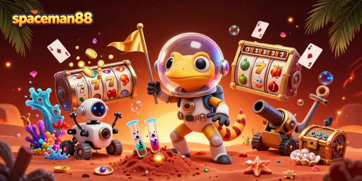 Experience the thrilling world of spaceman88 with a vibrant Martian gecko discovering a golden casino in an ultra-detailed slot adventure.