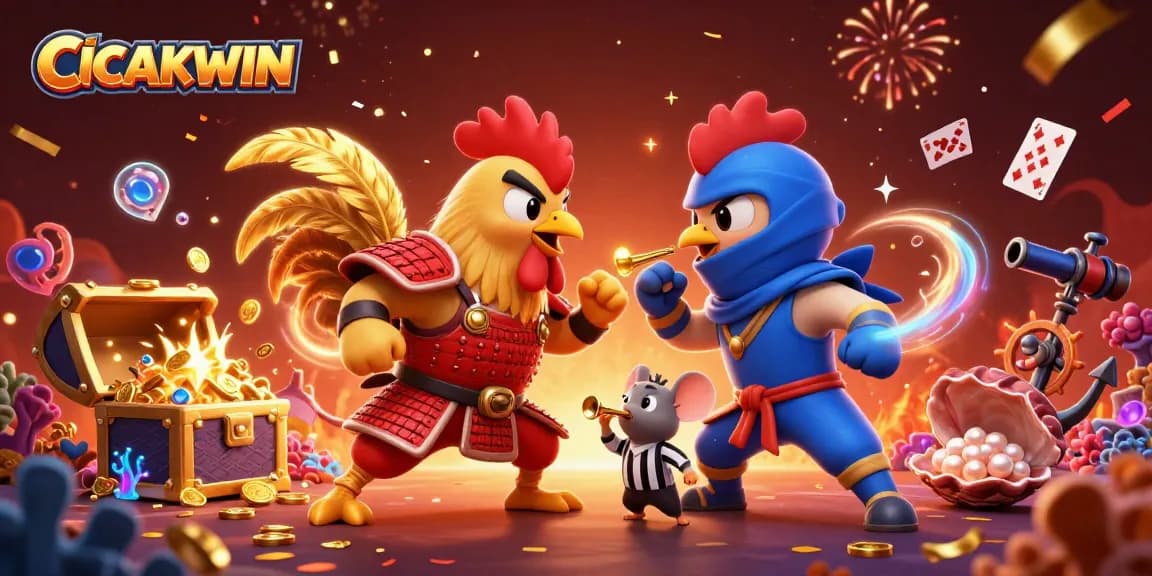 CICAKWIN showcases an epic standoff between fighting roosters amidst casino elements and treasures.