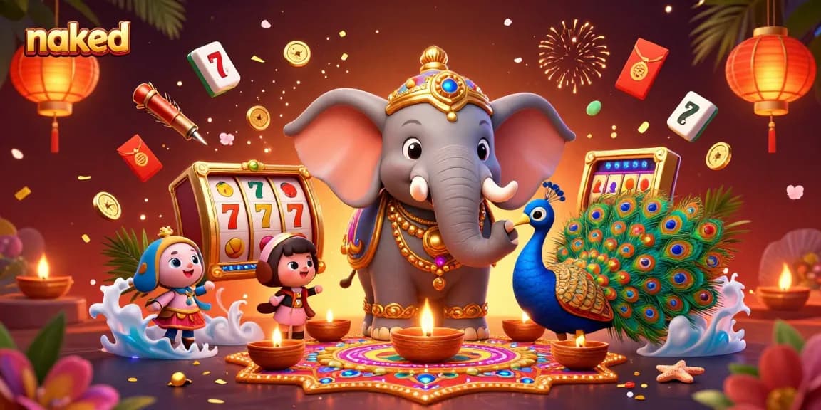 Experience jackpot thrills with naked slot reels and vibrant elephant characters in an animated casino scene.