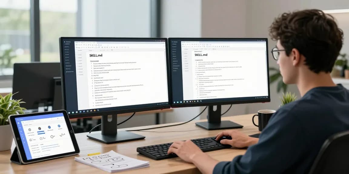 OpenClaw skill development workspace with developer editing SKILL.md files and displaying personalized skill configurations.