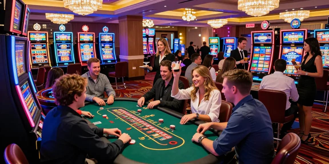 Scène de casino en ligne France avec des joueurs profitant des jeux et des gains autour de tables de jeux vibrantes.