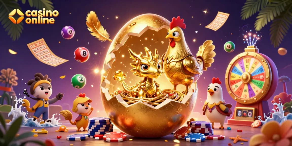 Gioca nei migliori casinò online e scopri il drago d'oro in un uovo dorato tra gettoni e palloni colorati.