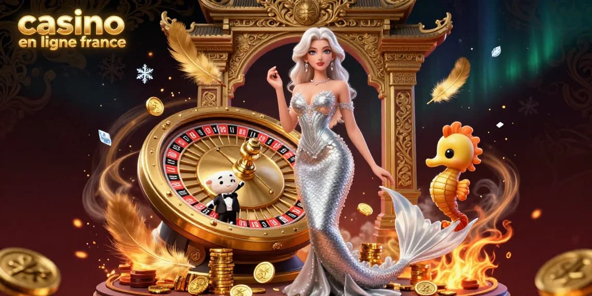 Engagez-vous dans un casino en ligne France vibrant avec une élégante dame près d'une roue de roulette et un charmant hippocampe.