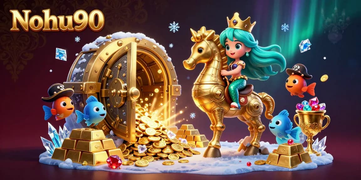 Nohu90 showcases a vibrant gaming scene with a mermaid princess and treasures in a dynamic casino atmosphere.