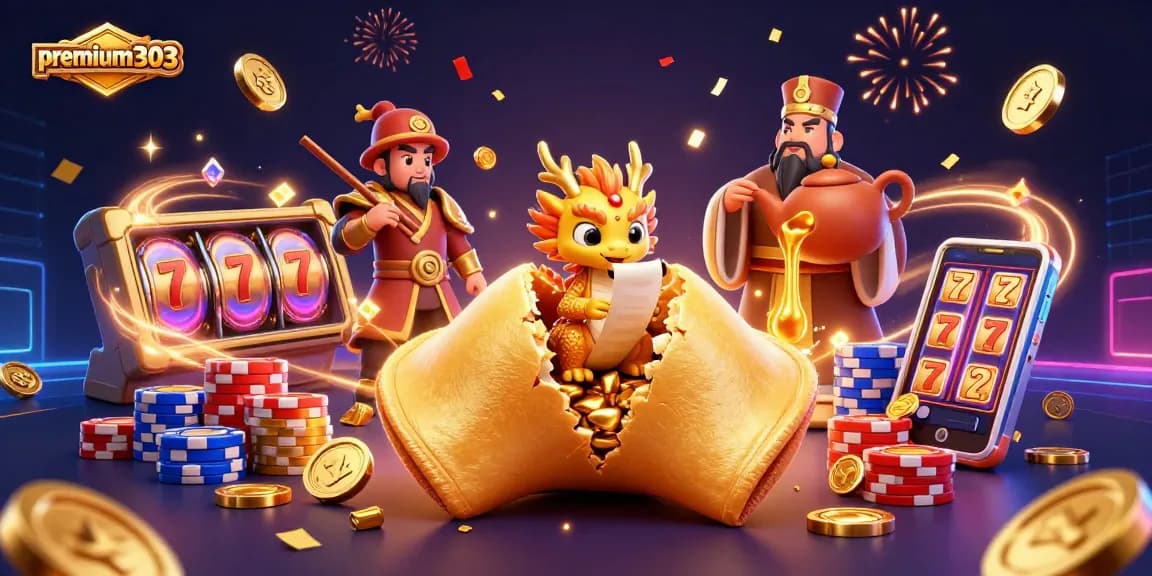 Spin to win on premium303 with an exciting illustration of a golden fortune cookie and wise dragon amid casino elements.