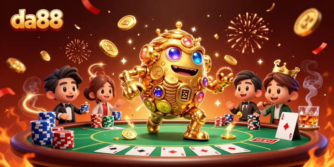 Engage with da88's immersive casino experience through a vibrant 3D illustration filled with excitement.