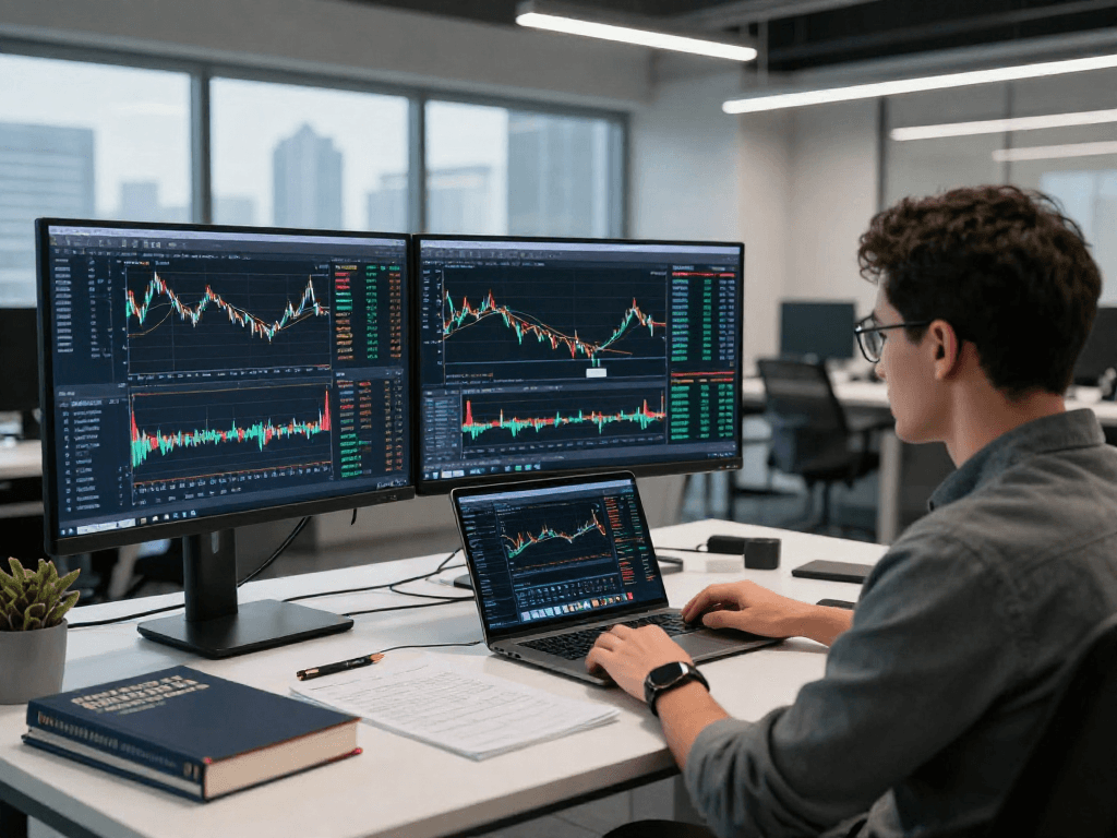 使用metatrader 5交易平台的交易员在现代办公环境中专注于多屏幕市场分析。