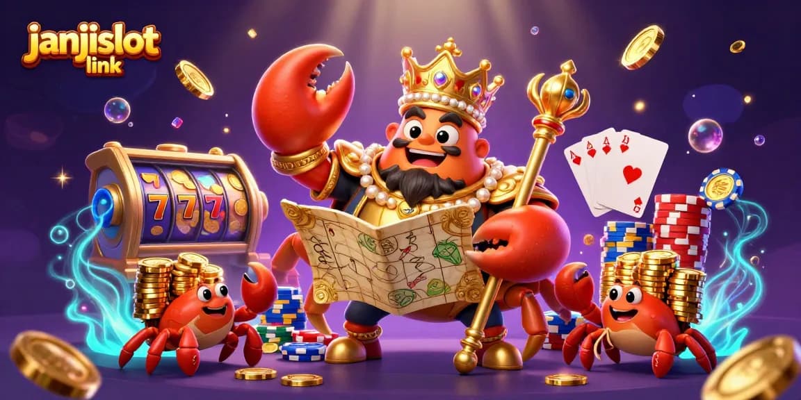 Spin the reels of janjislot link as the golden crab emperor oversees a vibrant casino treasure scene.