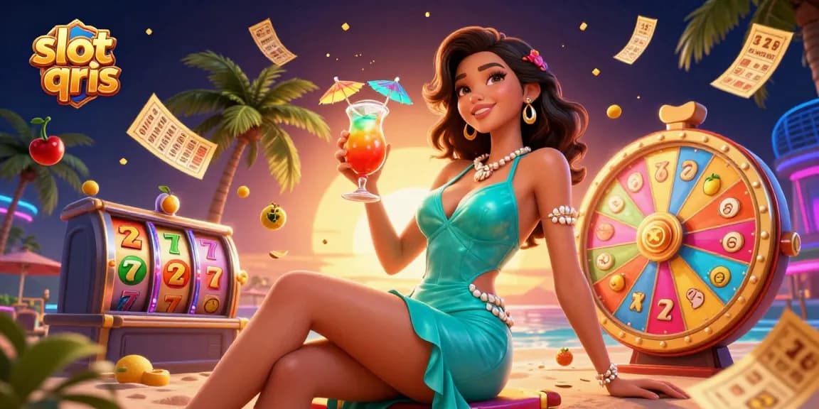 Spin slot qris reels surrounded by vibrant game elements in a dynamic casino scene.