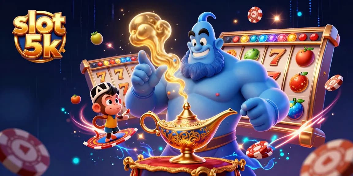 Experience the excitement of slot 5k games with a vibrant 3D illustration featuring a genie and magical elements.