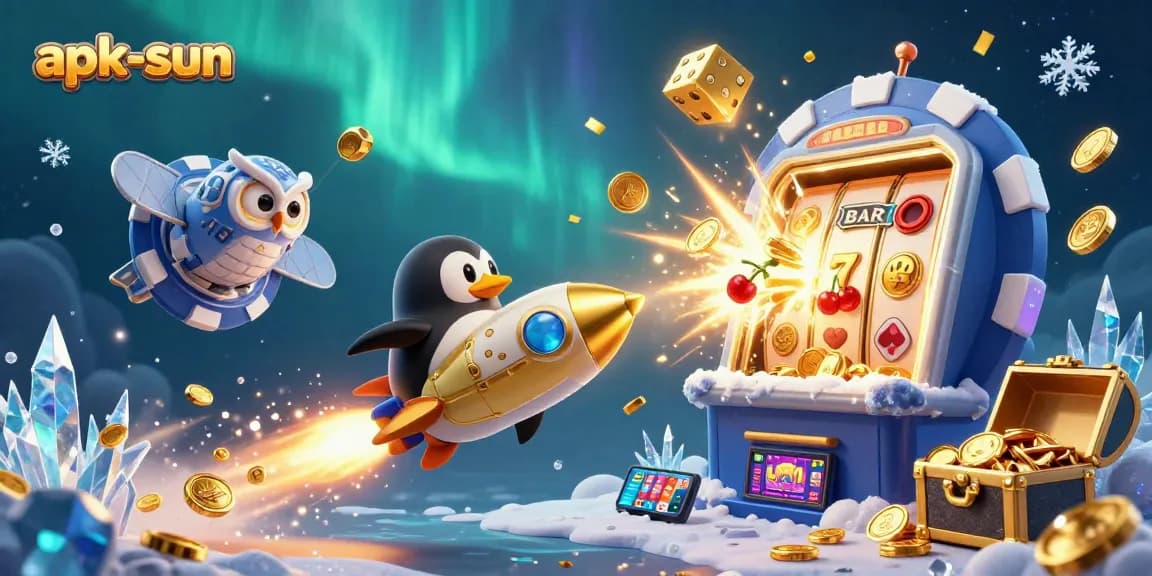 Experience exhilarating gaming with apk-sun's vibrant casino-themed 3D illustration showcasing a golden penguin and slot machine.