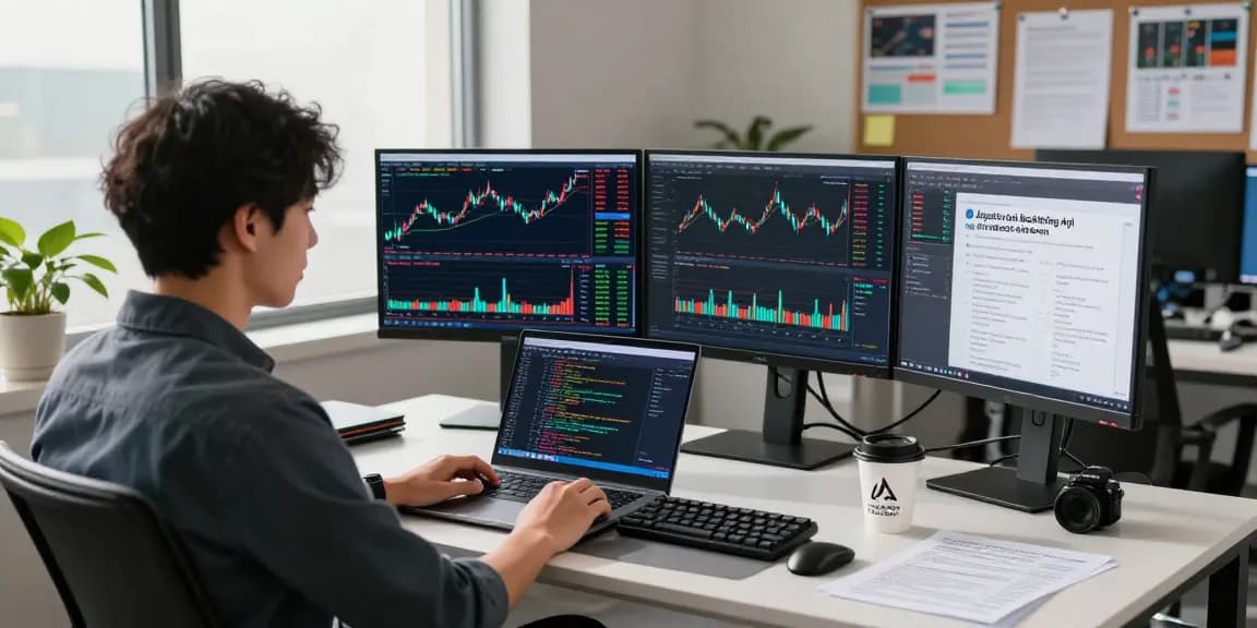 Real-time stock market analysis with Japan stock backtesting API integration in a modern fintech workspace.