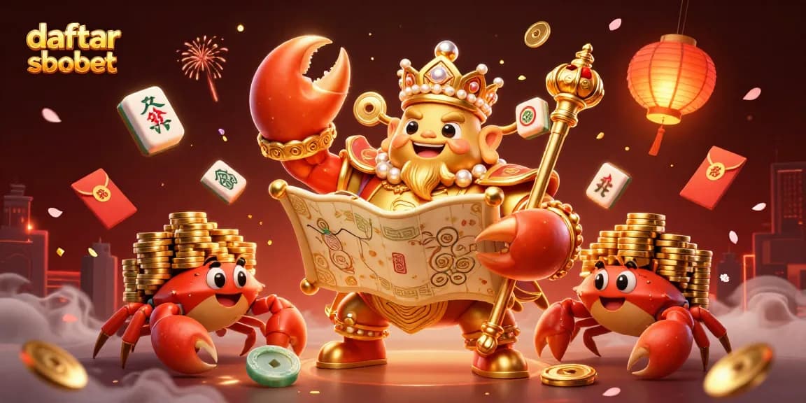 Experience daftar sbobet with a massive golden crab emperor amidst vibrant casino elements and festive decorations.