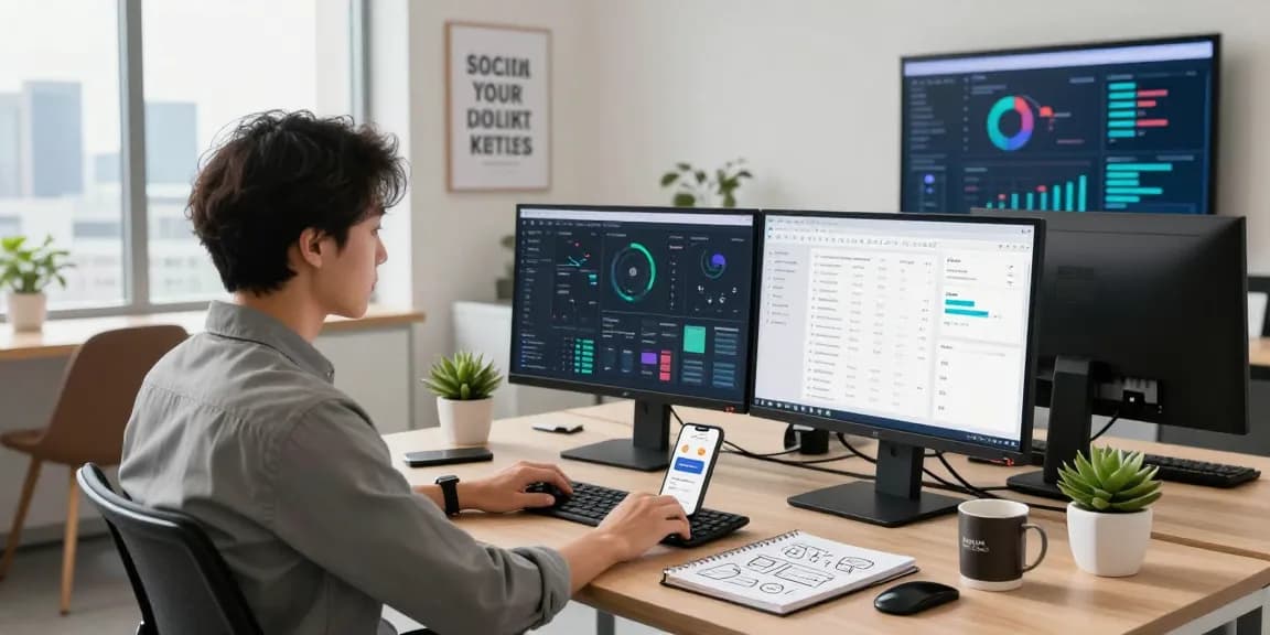 Digital marketing strategist at https://raja328.com/ analyzing SEO data in a modern office.
