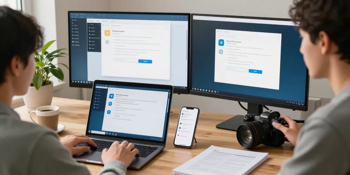 Telegram Chinese setup tutorial in a modern home office workspace.