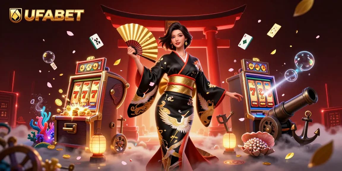 Engage with UFABET's vibrant casino experience through a stunning illustration of Asian elegance amidst dynamic game elements.