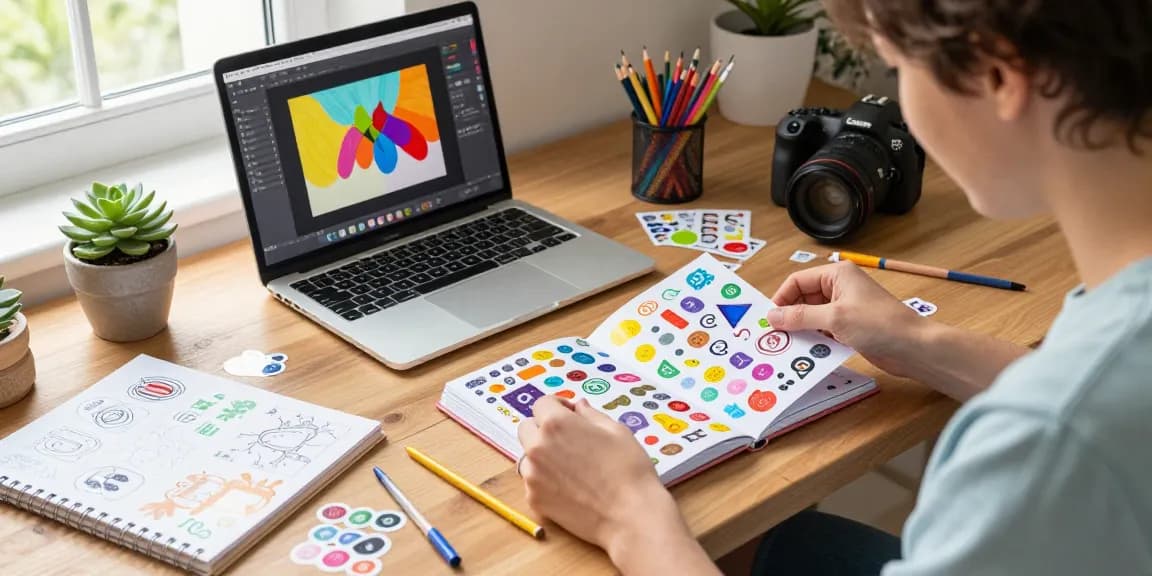 Vibrant workspace scene featuring a custom reusable sticker book assembly with colorful stickers.