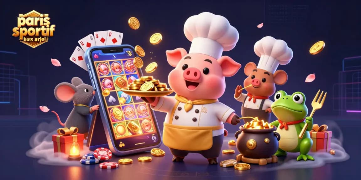 Plongez dans l'univers des paris sportif hors arjel avec un chef, un rat, et une grenouille entourés de jeux et de richesses.