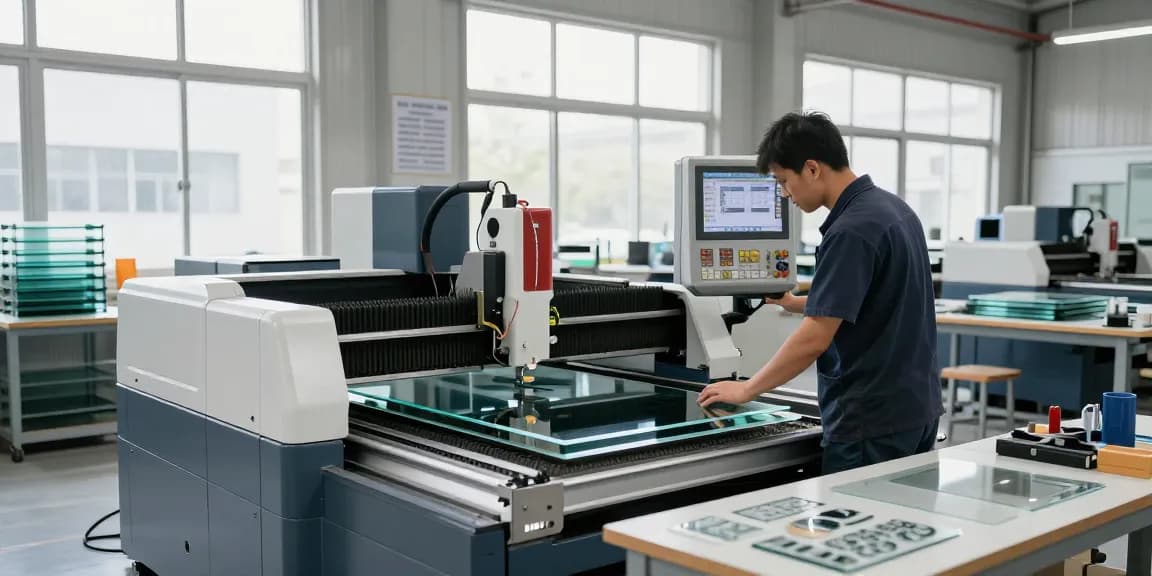 Technician operating a CNC glass cutting machine in a modern workshop, showcasing advanced glass processing technology for precision cutting.