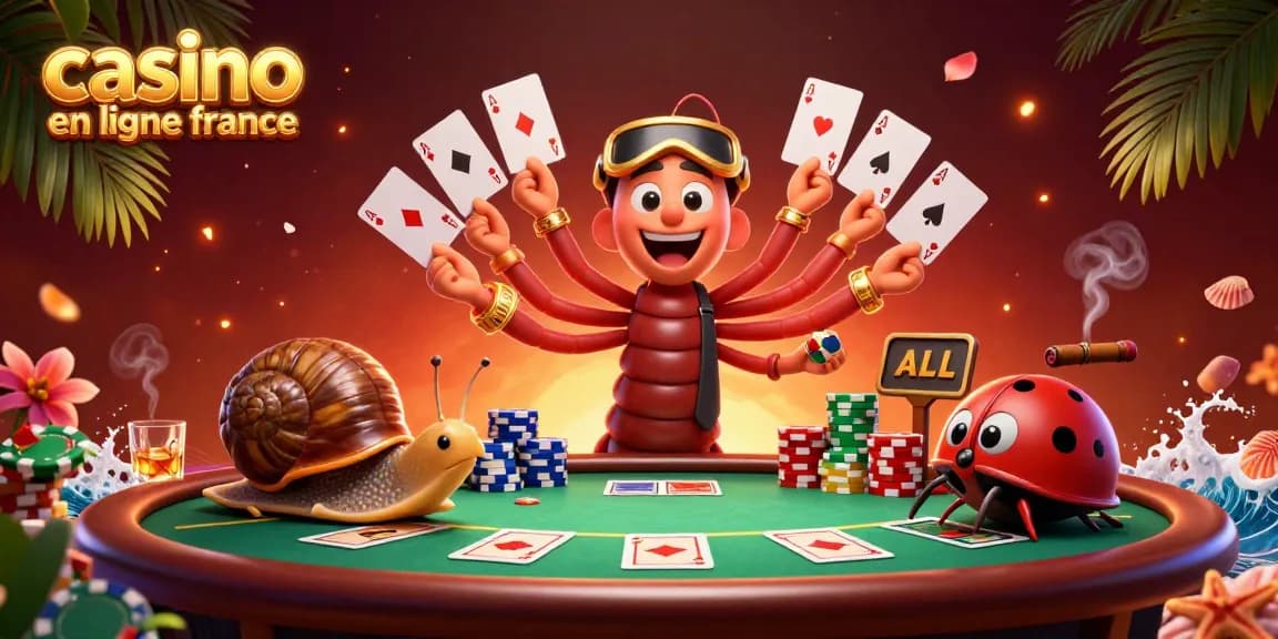 Découvrez le monde du casino en ligne France avec une illustration captivante présentant un dealer animé et des jetons de poker.