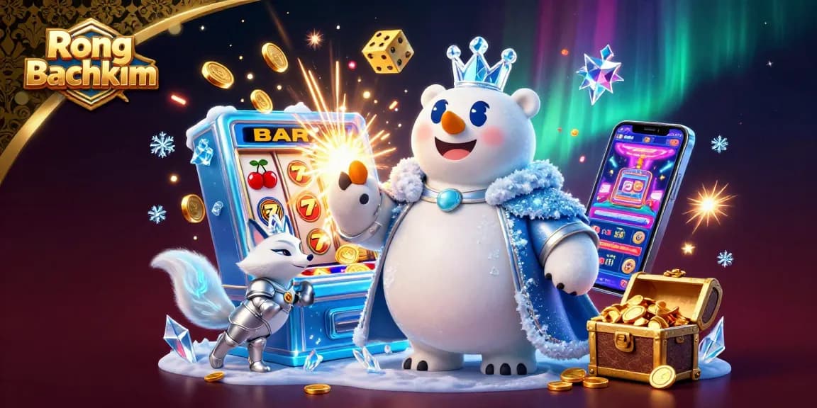 Engage in thrilling gameplay with Rong bachkim featuring an ice king bear and vibrant casino elements.