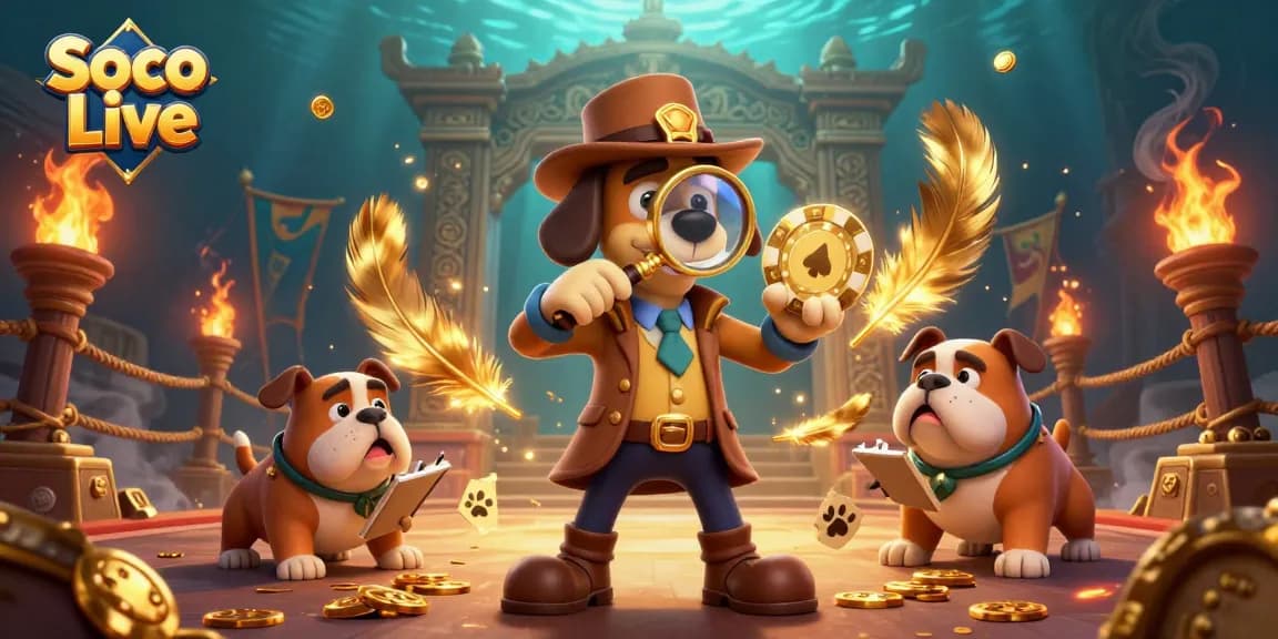 Soco Live enhances gaming excitement with a vibrant 3D illustration showcasing a detective dog examining poker chips.