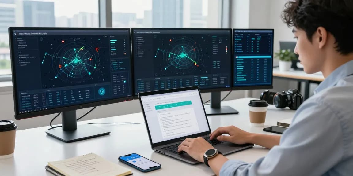快连 network optimization in a modern tech office with multiple monitors and performance metrics.