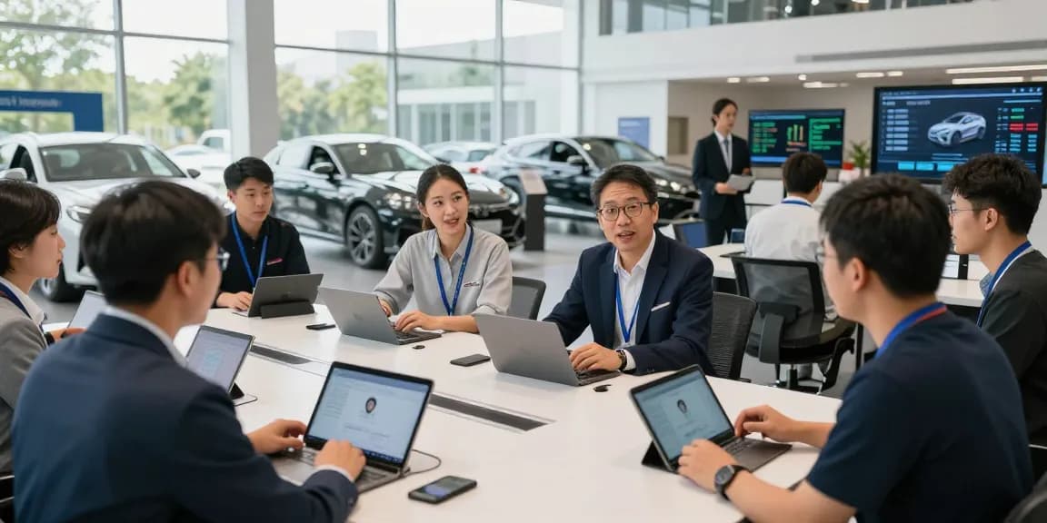 Automotive service training team practicing realistic customer conversations with AI technology.