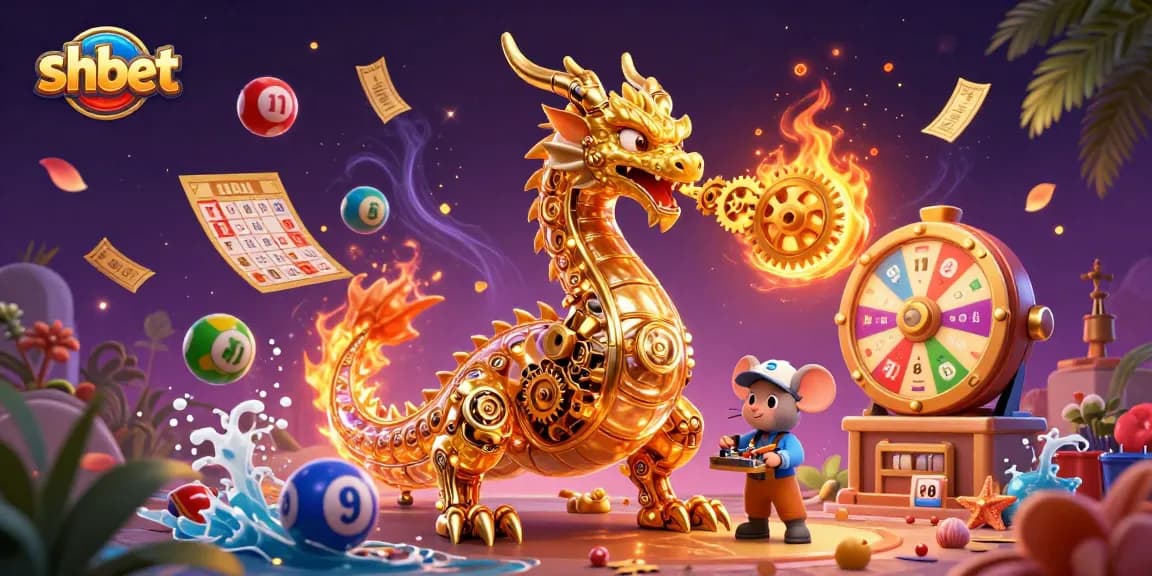 Experience exciting shbet gameplay with vibrant lottery balls and a whimsical golden dragon illustration.