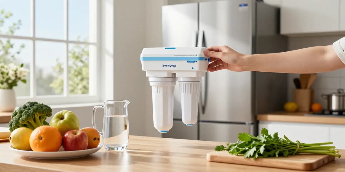 Replacing the Overbest UKF8001 Replacement for EveryDrop by Whirlpool Refrigerator Water Filter 4 in a bright modern kitchen filled with fresh ingredients.