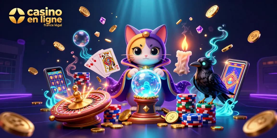 Profitez de l'expérience de jeu dans un casino en ligne France légal avec des personnages mystiques jouant aux cartes et des éléments de jeu dynamiques.