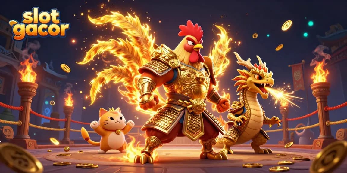 Experience thrilling slot gacor gameplay with festive characters in a vibrant casino scene.