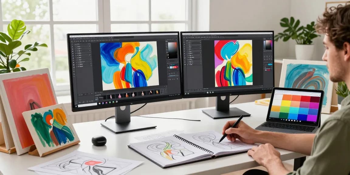 Artist using Nano Banana 2 AI image editor in a modern creative workspace with vibrant art materials.