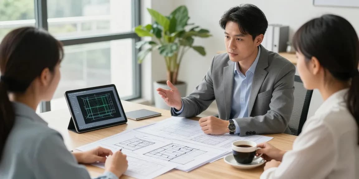 Licensed structural engineer in Missouri consulting with homeowner, analyzing architectural plans and structural reports in professional office.