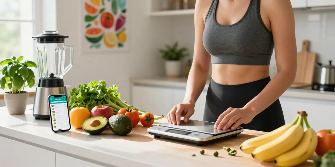 Exploring the best calorie tracking apps while preparing healthy meals in a bright kitchen.