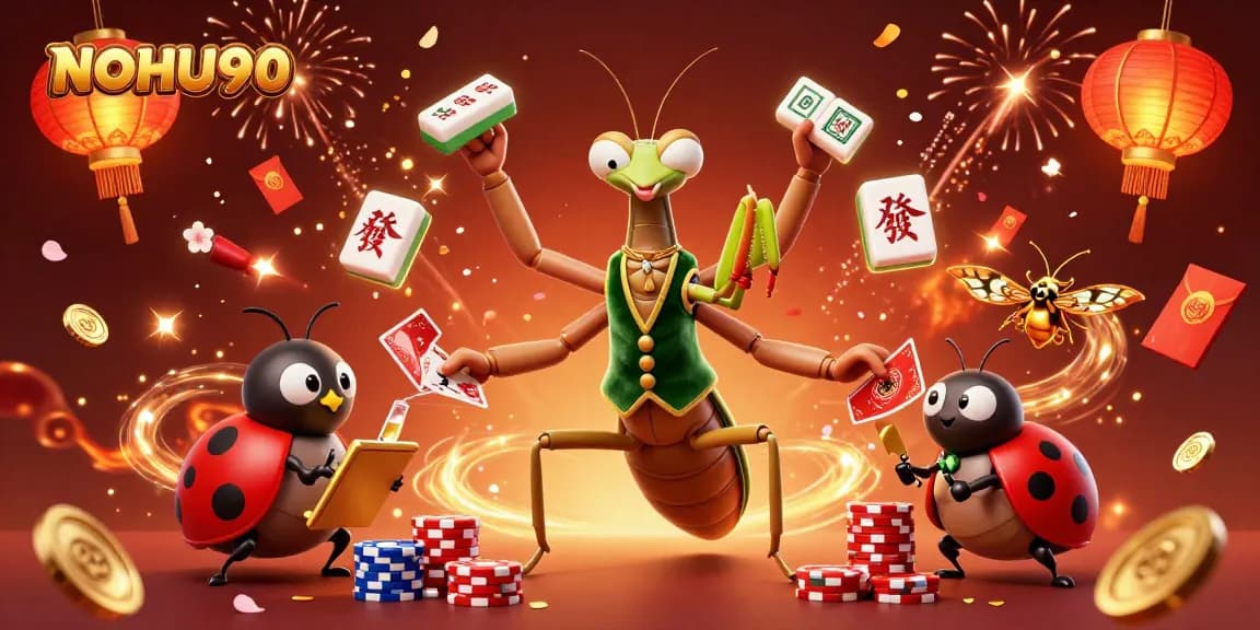 Engage with NOHU90's thrilling casino atmosphere filled with vibrant characters and floating gaming elements.