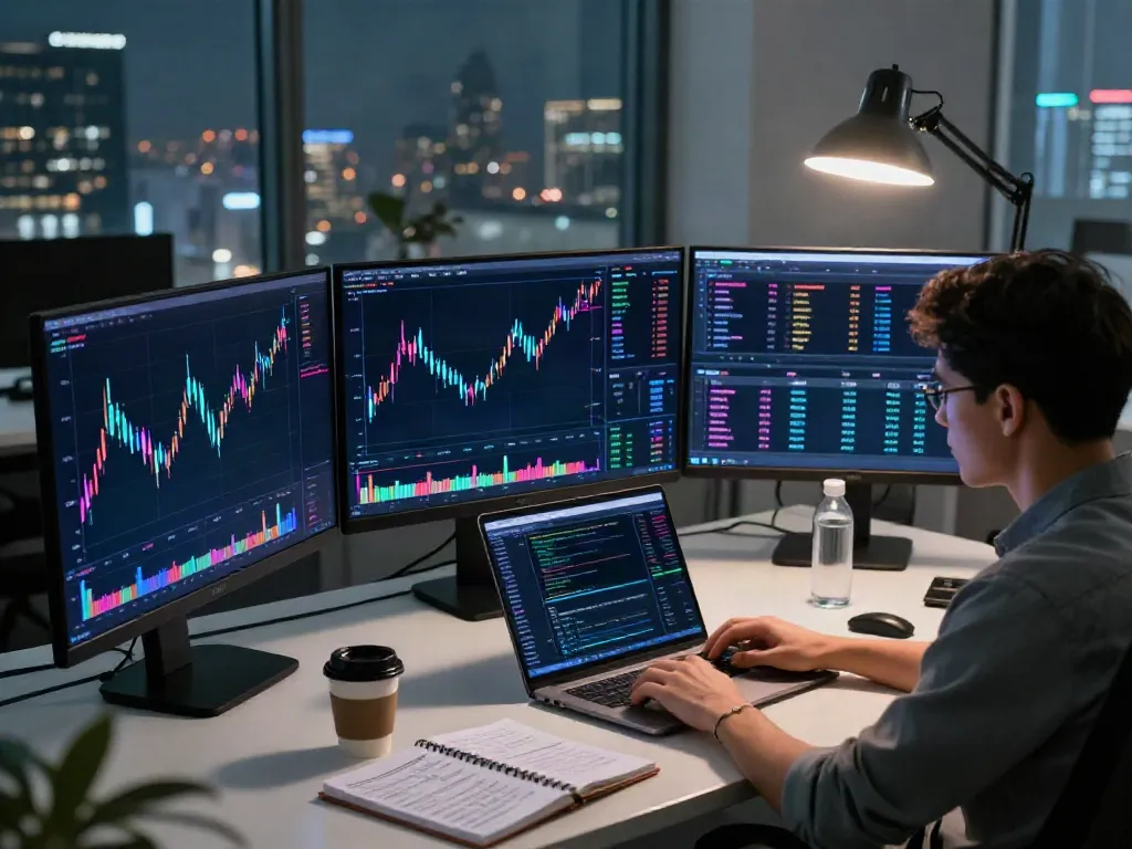 Real-time US stock market data API analysis in a modern trading setup, highlighting cryptocurrency trading strategies and stock market dynamics.