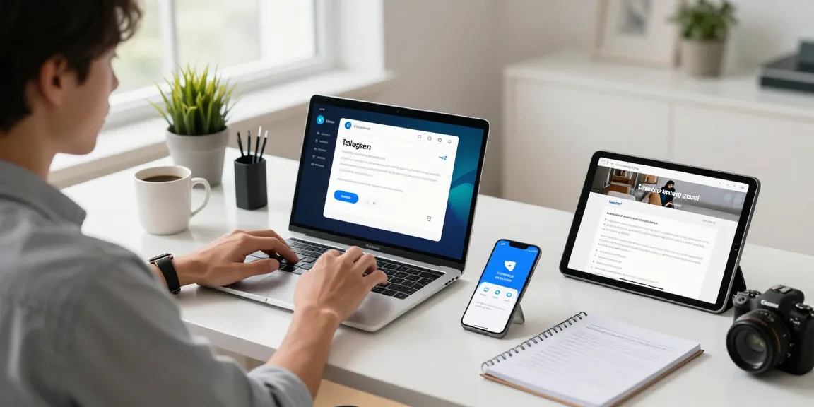 Guide to Telegram Chinese setup tutorial featuring user in a modern workspace navigating app on laptop.