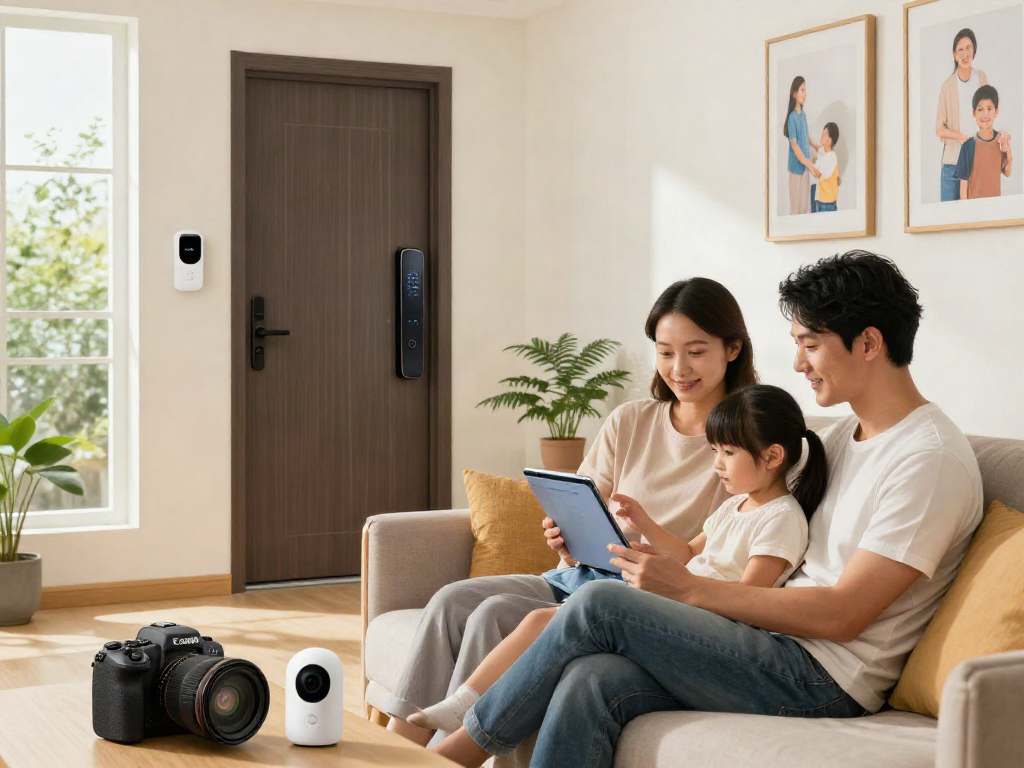 خرید قفل هوشمند for enhanced home security featuring a family monitoring their smart lock system.