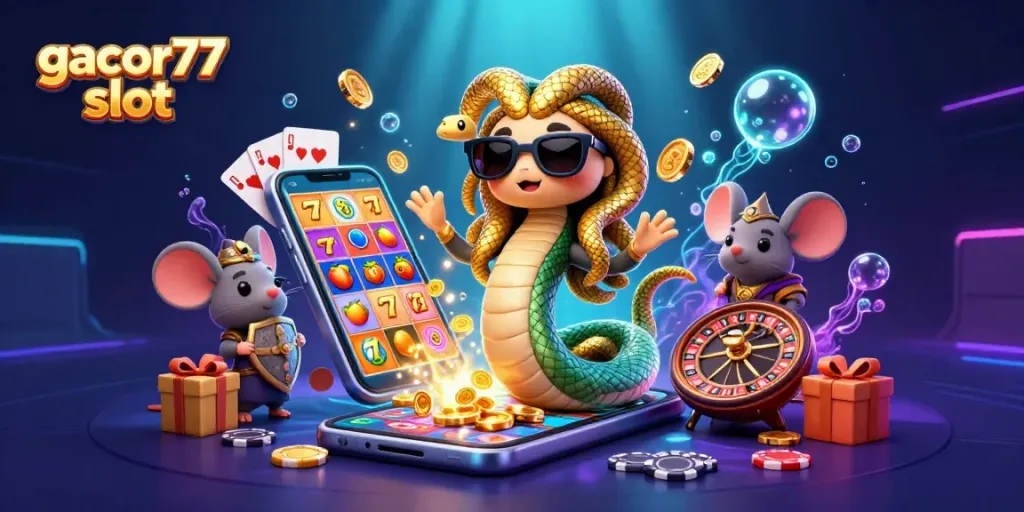 Permainan gacor77 slot menampilkan Medusa ramah dan karakter tikus pejuang di lingkungan yang penuh aksi.