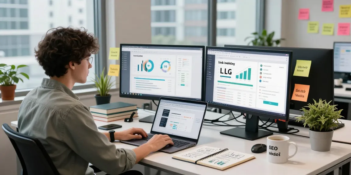 Marketer analyzing LLG link indexing data in a vibrant office environment with multiple screens and SEO tools.